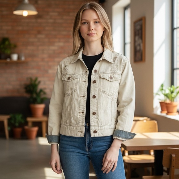 FOREVER 21 M Bleached Denim Jean Jacket Distressed Rips R $35 - Picture 3 of 14